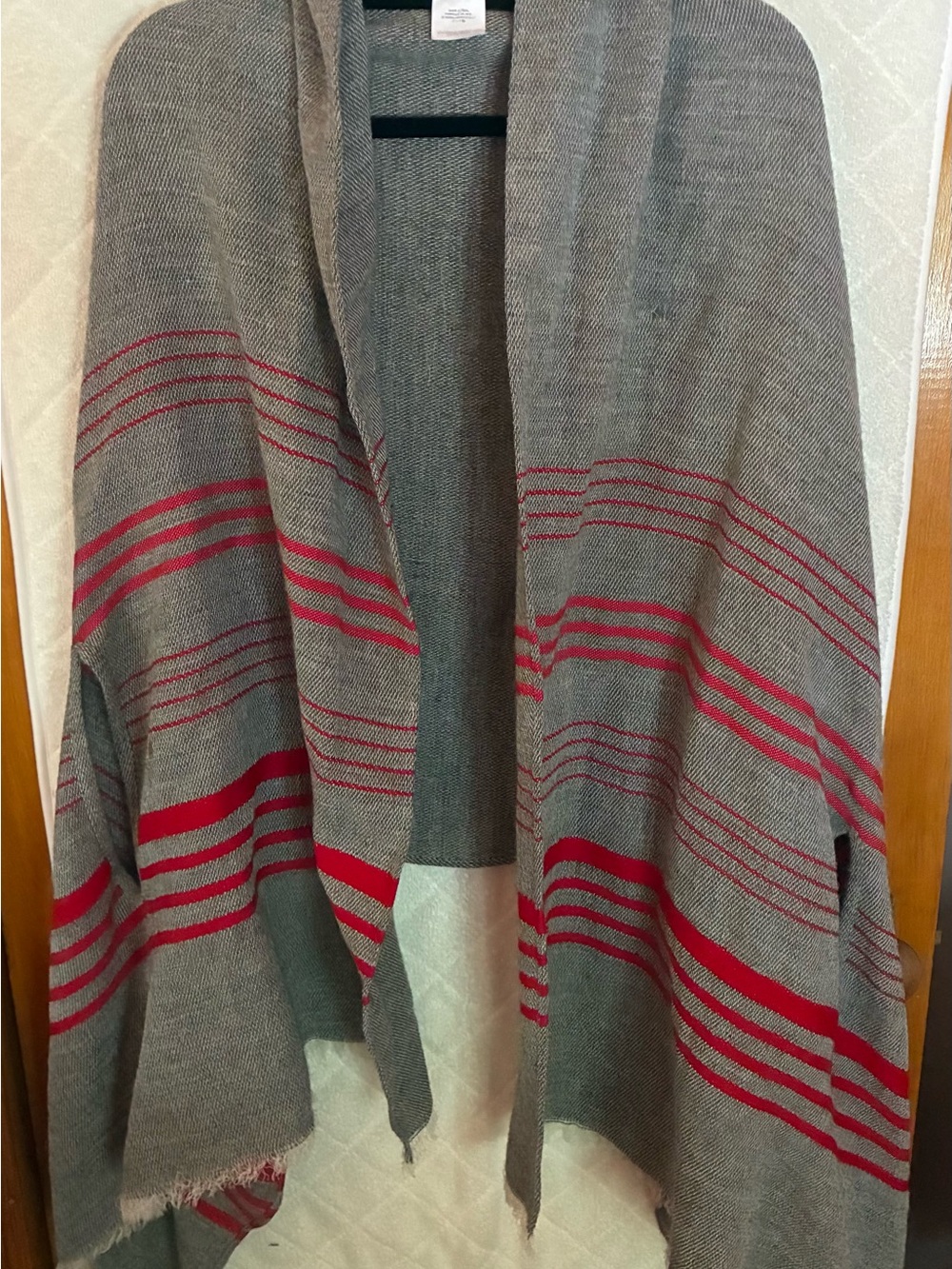 J. Crew Gray and Red Knit ShawlCape with Sleeve Holes